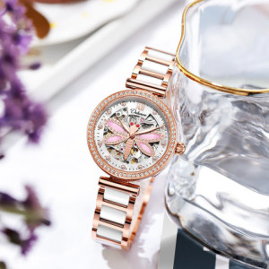 Montre Libéllule Rose Montre-bracelet mécanique étanche Strass pour Femme