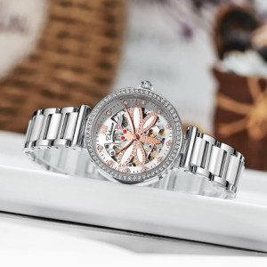 Montre Libéllule Blanche Montre-bracelet mécanique étanche Strass pour Femme Couleur argent