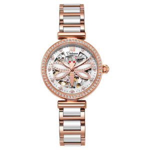 Montre Libéllule Blanche Montre-bracelet mécanique étanche Strass pour Femme Couleur Or rose