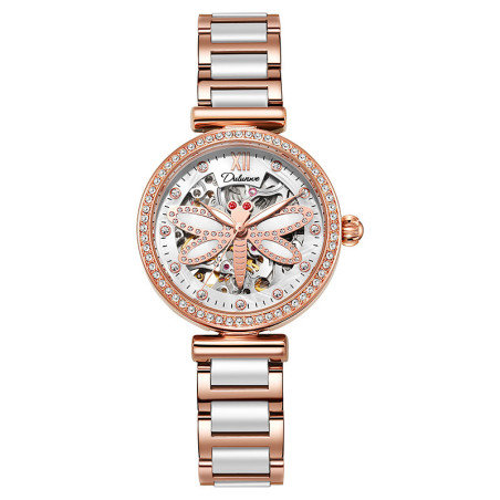 Montre Libéllule Blanche Montre-bracelet mécanique étanche Strass pour Femme Couleur Or rose