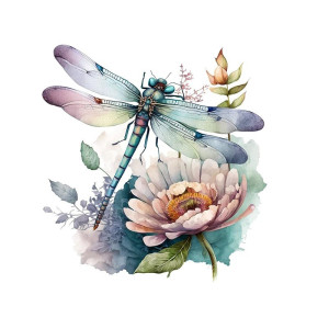 Vue générale Autocollant Mural PVC Fleur et Libellule aux couleurs de Lavis