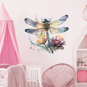 Autocollant Mural PVC Libellule et Fleurs Pourpres