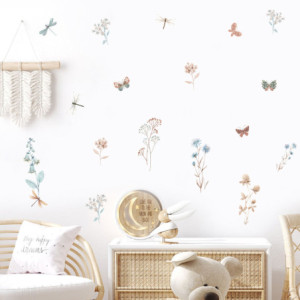 Autocollants Muraux Vinyle Fleurs Boho et Libellule