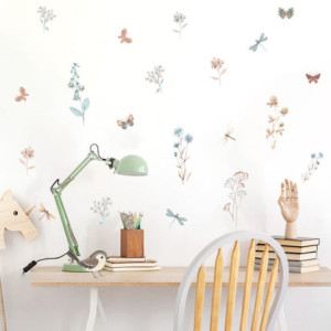 Autocollants Muraux Vinyle Fleurs Boho et Libellule