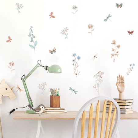 Autocollants Muraux Vinyle Fleurs Boho et Libellule