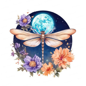 Autocollant Mural PVC Pleine Lune et Libellule