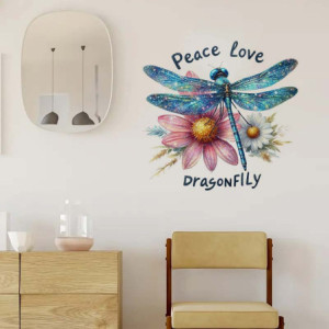 Autocollant Mural PVC 'Peace Love' Libellule Bleue