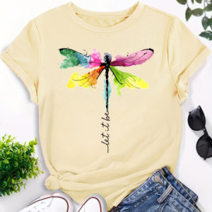 T-shirt libéllule col rond imprimé libellule "Let it Be" couleur Beige
