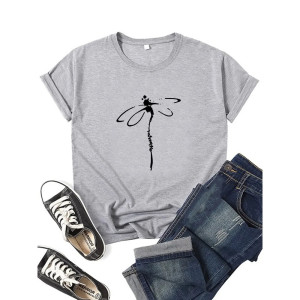 T-shirt libéllule col rond à manches courtes pour femmes imprimé libellule couleur Gris