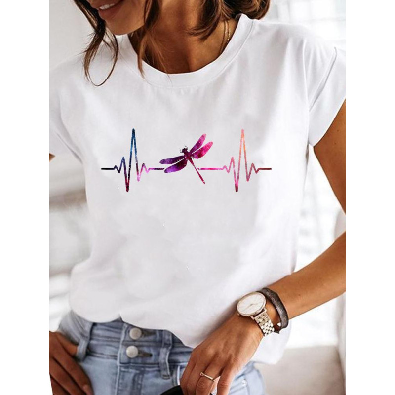 T-shirt libéllule imprimé rythme cardiaque et libellule